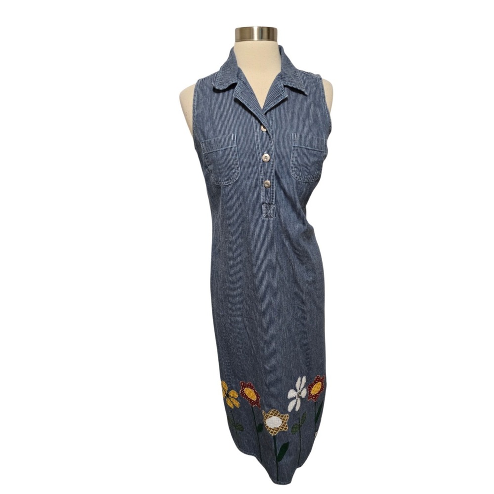 90s Vintage Blue Denim Floral Dress Sleeveless Country Cottage Size Large